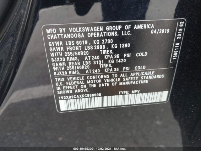 1V2XR2CAXKC560998 Volkswagen Atlas 3.6l V6 Se W/technology R-line