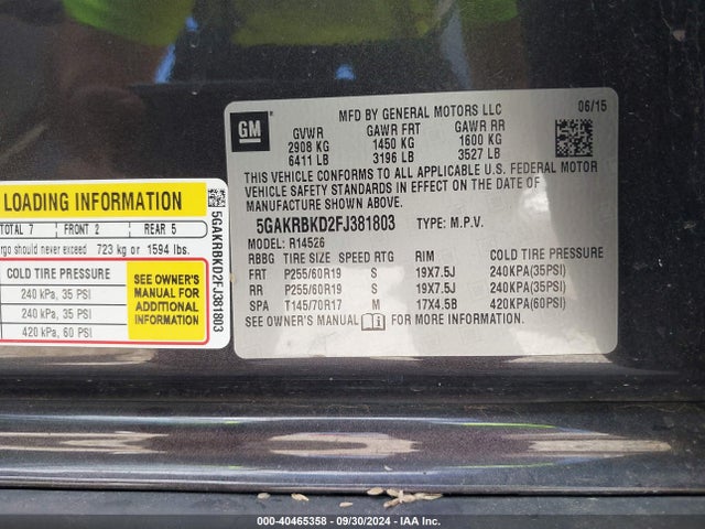 Buick Enclave Leather 2015 5GAKRBKD2FJ381803 Image 9