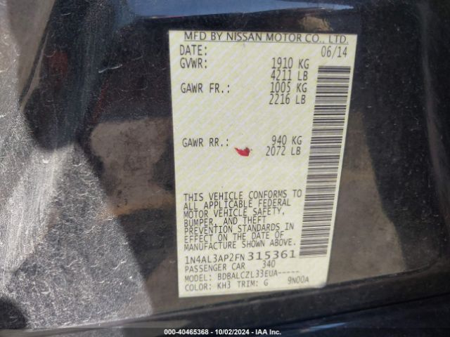 1N4AL3AP2FN315361 Nissan Altima 2.5/2.5 S/2.5 Sl/2.5 Sv