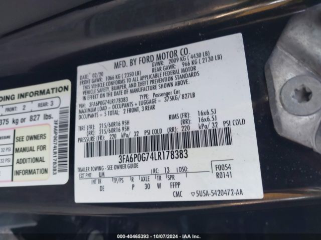 3FA6P0G74LR178383 Ford FUSION S