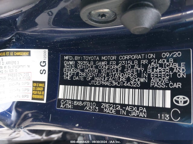 Toyota COROLLA LE 2021 JTDEPMAE3MJ144323 Image 9