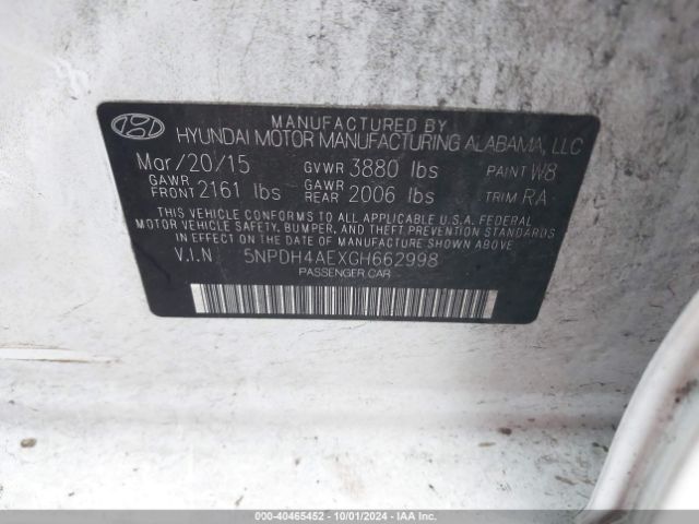 5NPDH4AEXGH662998 Hyundai ELANTRA SE
