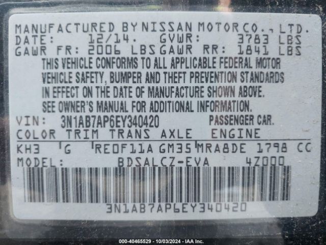 3N1AB7AP6EY340420 Nissan SENTRA S