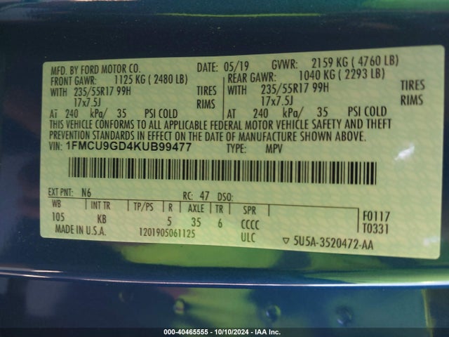 Ford ESCAPE SE 2019 1FMCU9GD4KUB99477 Image 9