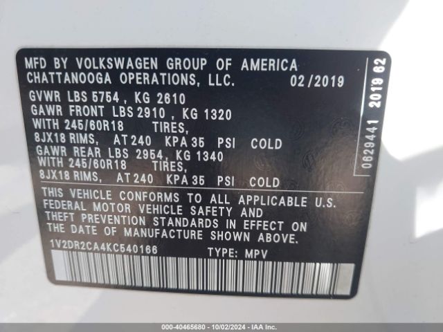 1V2DR2CA4KC540166 Volkswagen Atlas 3.6l V6 Se