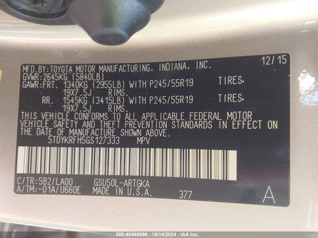 5TDYKRFH5GS127333 Toyota Highlander Limited V6