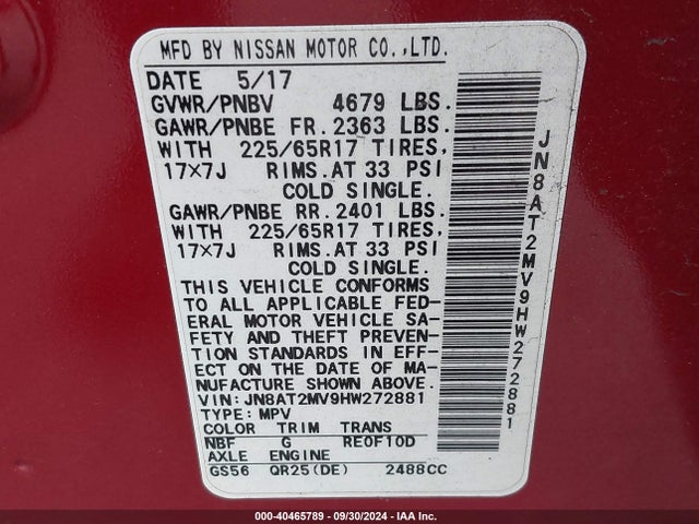 Nissan ROGUE SV 2017 JN8AT2MV9HW272881 Image 9