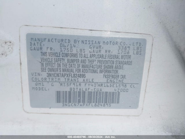 Nissan Versa 1.6 S 2015 3N1CN7APXFL824895 Image 9