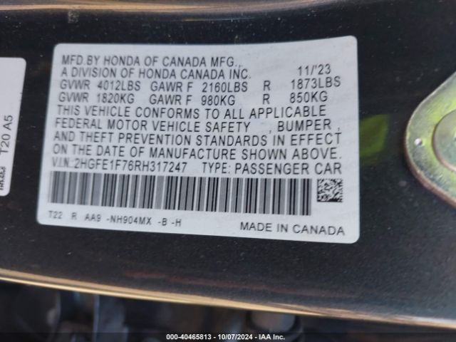 2HGFE1F76RH317247 Honda CIVIC EX