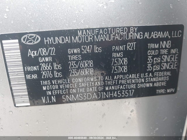 Hyundai Santa Fe Sel 2022 5NMS3DAJ1NH453517 Image 9