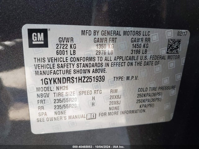 1GYKNDRS1HZ251939 Cadillac XT5 LUXURY