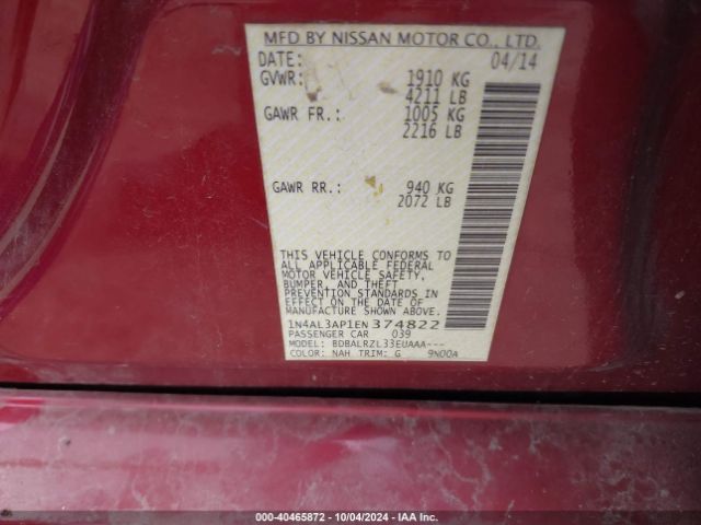 1N4AL3AP1EN374822 Nissan Altima 2.5/2.5 S/2.5 Sl/2.5 Sv