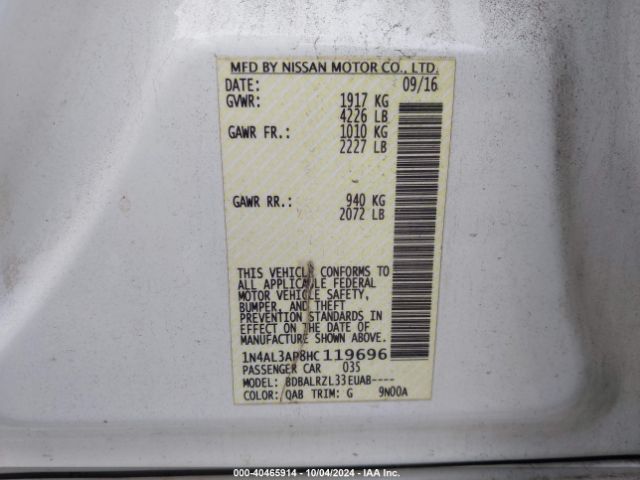 1N4AL3AP8HC119696 Nissan Altima 2.5/2.5 S/2.5 Sl/2.5 Sr/2.5 Sv