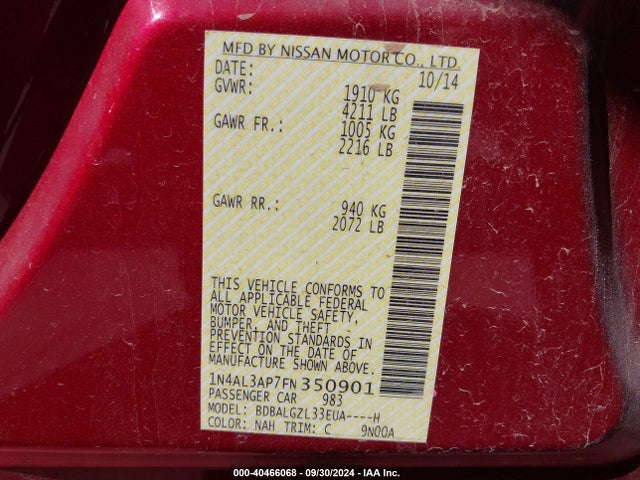 Nissan Altima 2.5 S 2015 1N4AL3AP7FN350901 Image 9