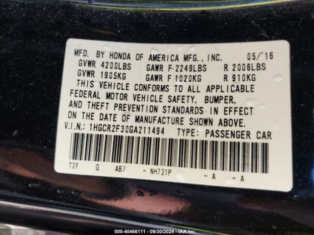 1HGCR2F30GA211494 Honda ACCORD LX