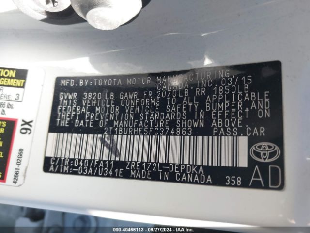 2T1BURHE5FC374863 Toyota COROLLA L