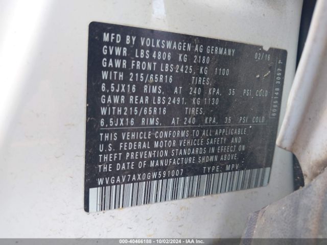 WVGAV7AX0GW591007 Volkswagen TIGUAN S