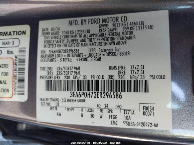 3FA6P0H73ER296586 Ford FUSION SE