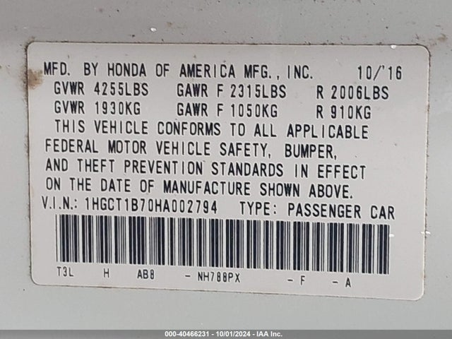 Honda ACCORD EX 2017 1HGCT1B70HA002794 Image 9