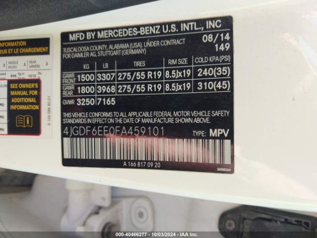 4JGDF6EE0FA459101 Mercedes-Benz Gl 450 4matic