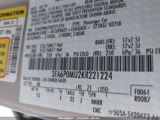 3FA6P0MU2KR221224 Ford Fusion Hybrid Sel