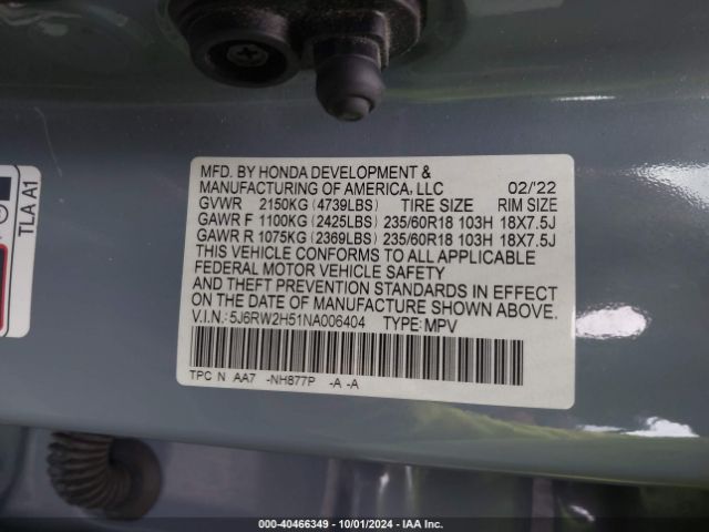 5J6RW2H51NA006404 Honda Cr-v Awd Ex