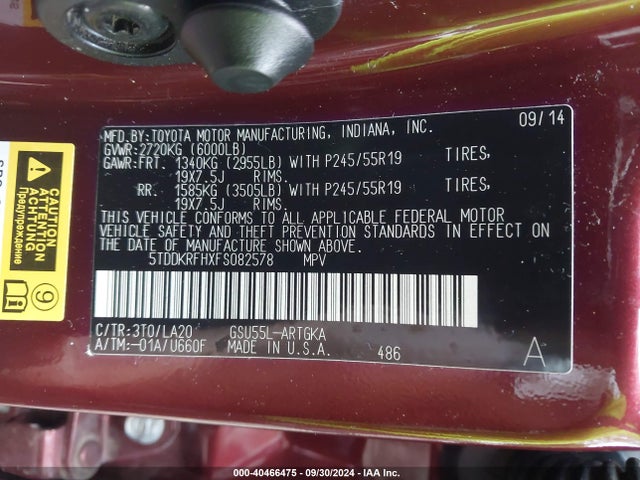 5TDDKRFHXFS082578 Toyota Highlander Limited V6