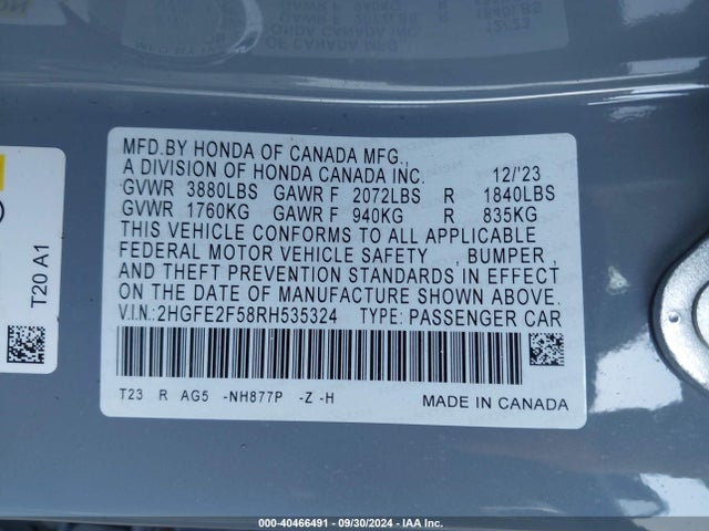 Honda Civic Sport 2024 2HGFE2F58RH535324 Image 9