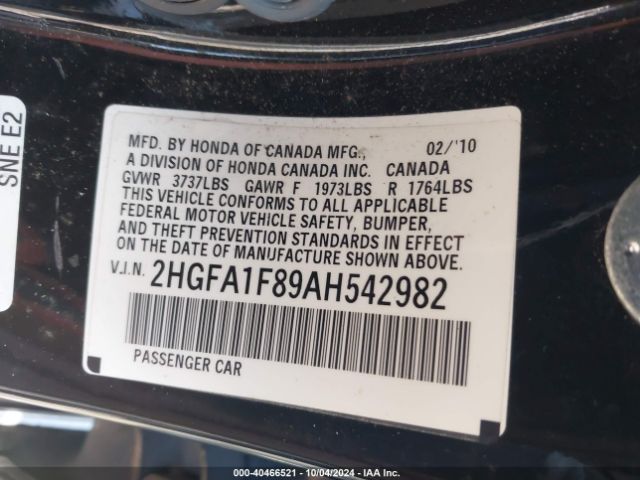 2010 HONDA CIVIC SDN 2HGFA1F89AH542982 Photo 8