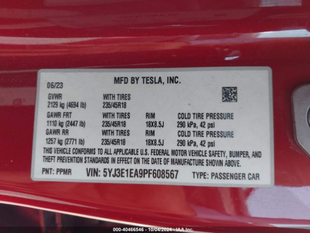 5YJ3E1EA9PF608567 Tesla Model 3 Rear-wheel Drive