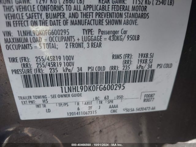 1LNHL9DK0FG600295 Lincoln MKS
