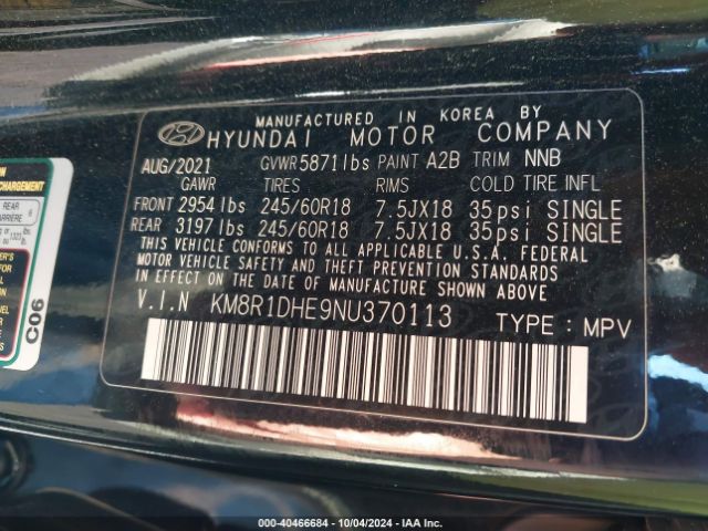KM8R1DHE9NU370113 Hyundai Palisade Se