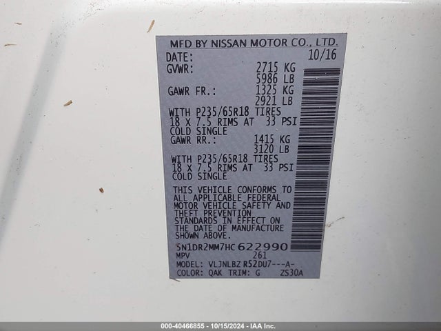 Nissan Pathfinder S 2017 5N1DR2MM7HC622990 Image 9