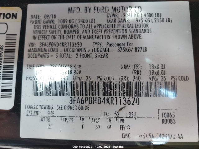 Ford FUSION SE 2019 3FA6P0HD4KR113620 Image 9