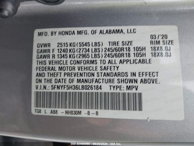 Honda Pilot 2wd Ex 2020 5FNYF5H36LB026184 Image 9