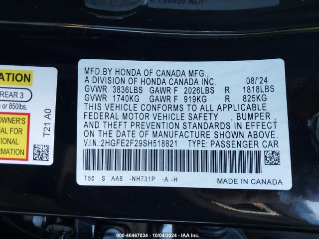 Honda Civic Lx 2025 2HGFE2F29SH518821 Image 9