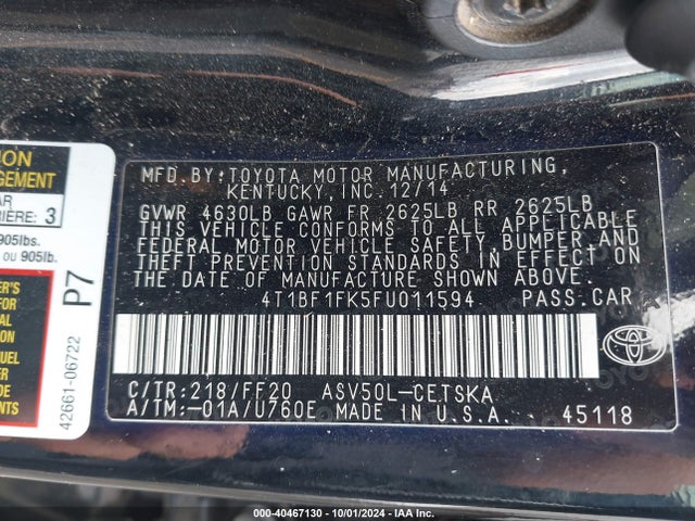 Toyota CAMRY SE 2015 4T1BF1FK5FU011594 Image 9