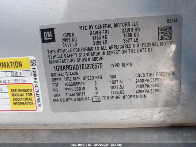 Chevrolet Traverse 1lt 2014 1GNKRGKD7EJ376579 Image 9