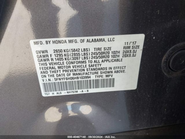 5FNYF6H06HB103994 Honda Pilot Elite