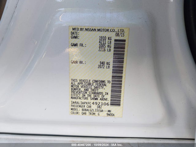Nissan Altima 2.5 S 2015 1N4AL3APXFC492106 Image 9