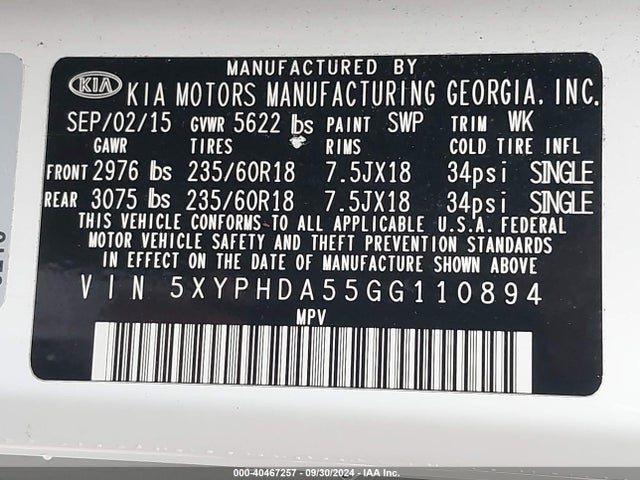 5XYPHDA55GG110894 KIA Sorento 3.3l Ex