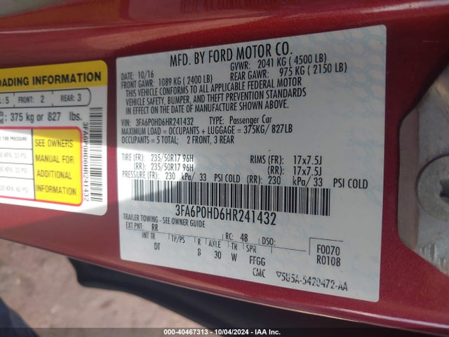Ford FUSION SE 2017 3FA6P0HD6HR241432 Image 9