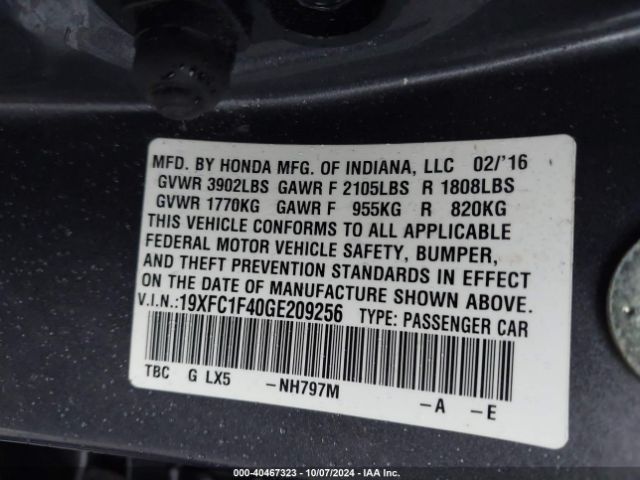 19XFC1F40GE209256 Honda Civic Ex-t