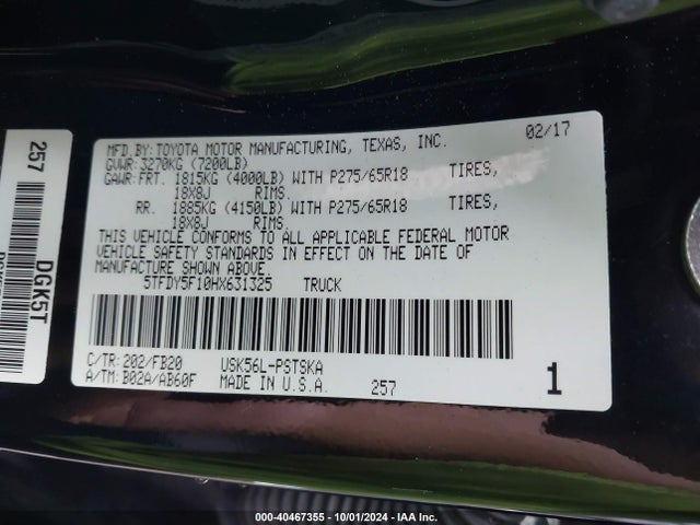5TFDY5F10HX631325 Toyota Tundra Sr5 5.7l V8
