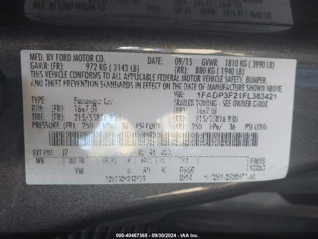 Ford FOCUS SE 2015 1FADP3F21FL383421 Image 9