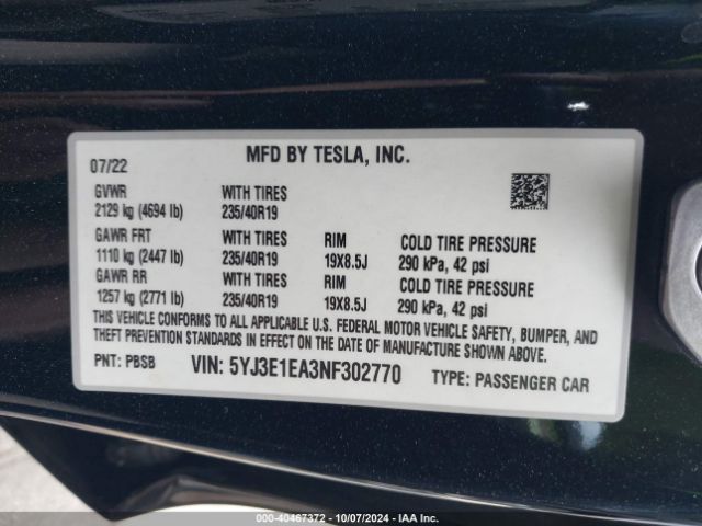 5YJ3E1EA3NF302770 Tesla MODEL 3