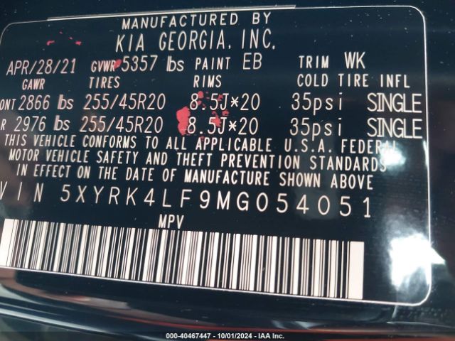 5XYRK4LF9MG054051 KIA Sorento Sx Prestige