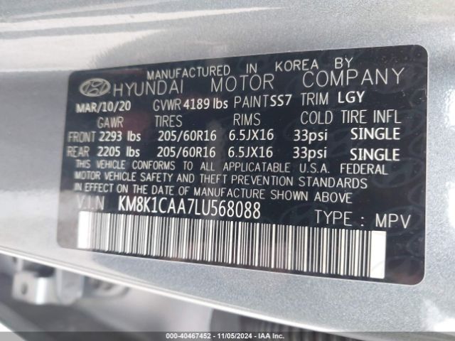 KM8K1CAA7LU568088 Hyundai Kona Se