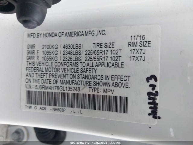 Honda Cr-v Ex-l 2016 5J6RM4H78GL135248 Image 9