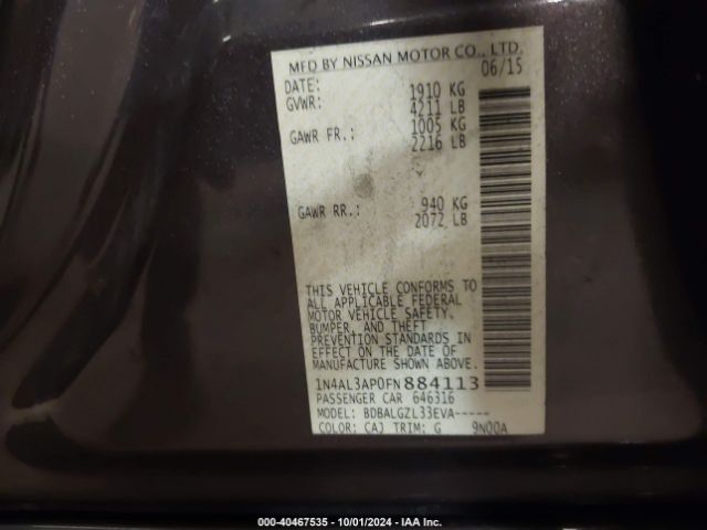 1N4AL3AP0FN884113 Nissan Altima 2.5/2.5 S/2.5 Sl/2.5 Sv